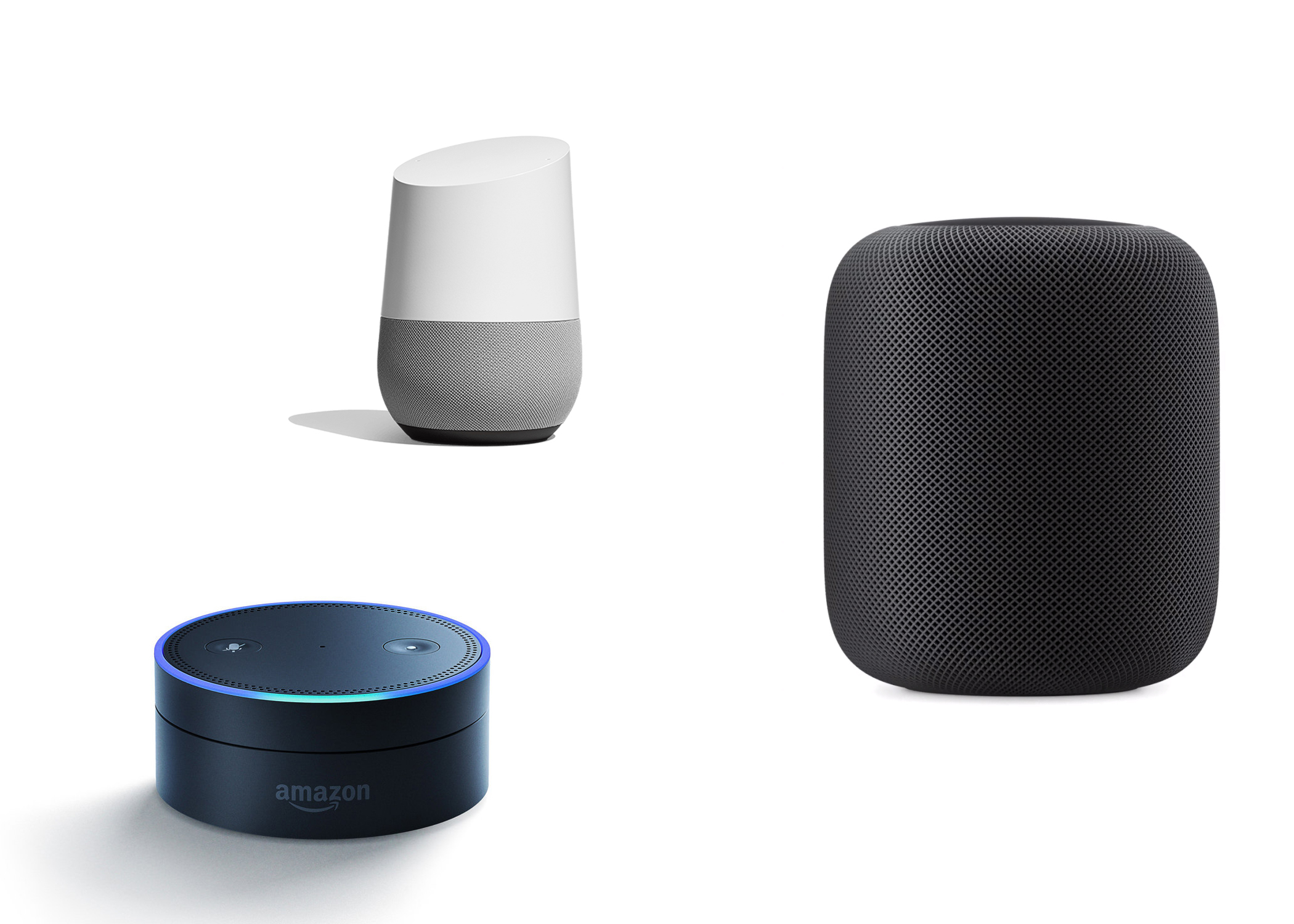 Le Google Home, le HomePod et l'Amazon Echo Dot